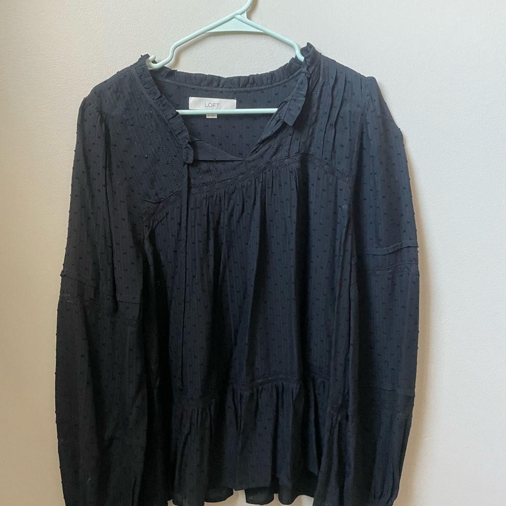 LOFT Black Smocked Long Sleeve Blouse